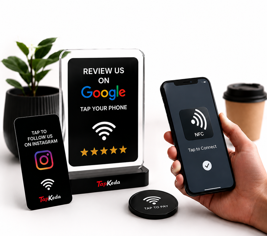 NFC card, acrylic stand, and phone tapping mockup